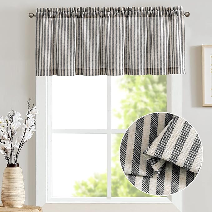 jinchan Linen Stripe Curtain Valance for Windows 16 Inch Light Filtering for Kitchen Living Room Bathroom Rustic Cottage Farmhouse Window Treatment Rod Pocket Design 1 Panel Black on Linen