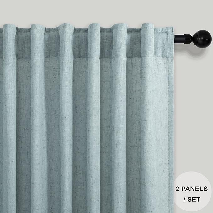 Pitalk Aqua Curtains 108 Inches Long for Kids Room 2 Panels Set Back Tab Pocket Drapes Light Filering Semi Sheer Linen Farmhouse Mint Green Curtains for Living Dining Sliding Seafoam Teal Grey 9 FT