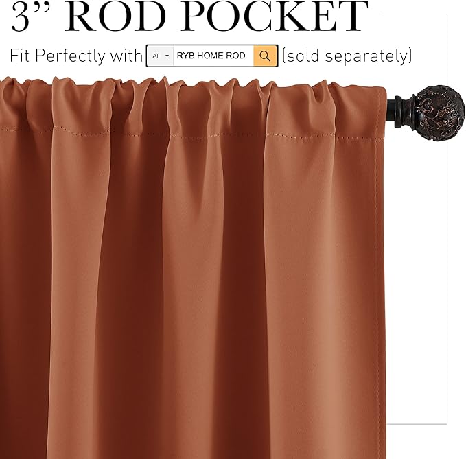 RYB HOME Blackout Cafe Curtains 30 inch Length, Short Light UV Heat Blocking Energy Saving Privacy Curtain Tiers for Basement Bathroom Kitchen Window, Width 29 by Length 30, Burnt Orange, 2 Panels