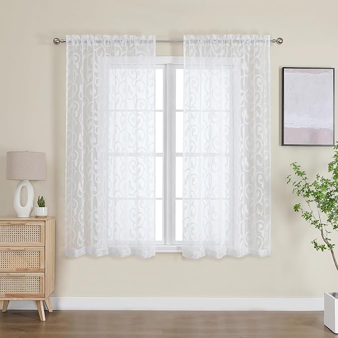 OWENIE Furman White Sheer Curtains 54 Inch Length 2 Panels Set for Living Room Bedroom, Airy Jacquard Clip Short Curtains for Small Window, Modern Rod Pocket Bathroom Window Curtain Each 42W inch 54L