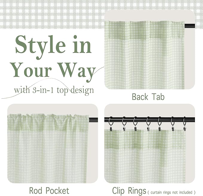 RYB HOME Sage Green Cafe Curtains Rustic Plaid Kithen Tier, Classic Short Checkered Drapes 36 inch Length Small Window Treatment for Living Room Bathroom Bistro Farmhouse Valance, W26 x L36, 2 Panels