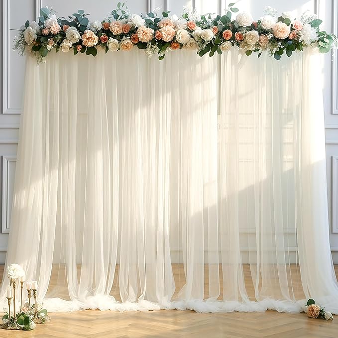 20ft x 12ft Champagne Tulle Backdrop Curtain for Parties Sheer Fabric Backdrop Curtains for Wedding Baby Shower Bridal Shower Birthday Photo Backdrop Drapes Background Decorations 4 Panels 5ft x 12ft
