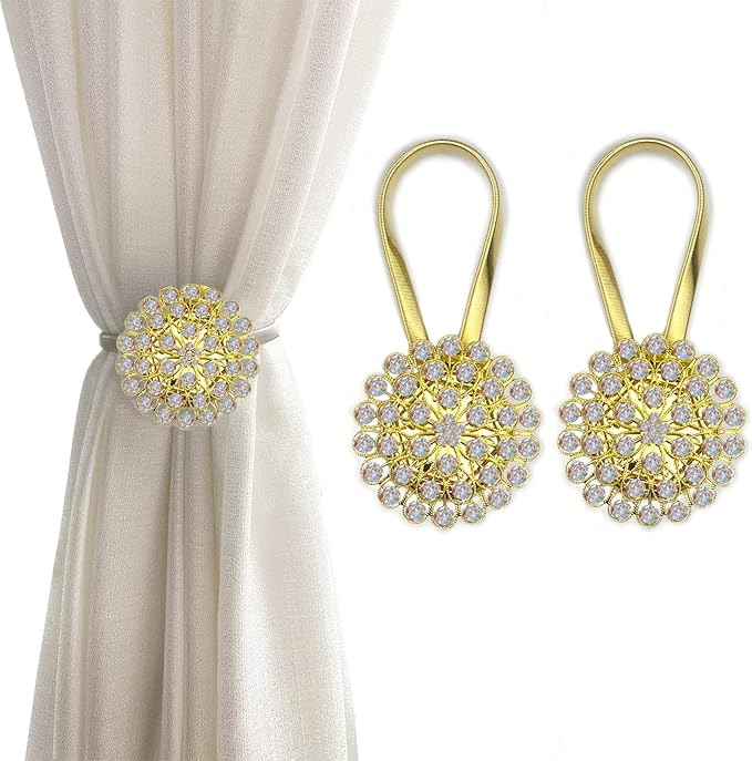 Magnetic Tiebacks for Curtains, 2 Pack Sparkling Crystal Flower Curtain Tiebacks Curtain Buckle Clips with High-Elastic Spring Wire for Home Office Decoration (Yellow & Colorful)