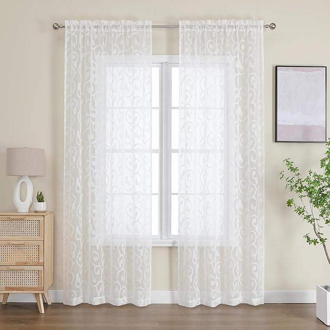 OWENIE Furman Ivory Sheer Curtains 90 inches Long for Bedroom Living Room 2 Panels Set, Light Filtering Soft Semi Sheer Jacquard Clip Farmhouse Curtains Rod Pocket Design, 52Wx90L inch