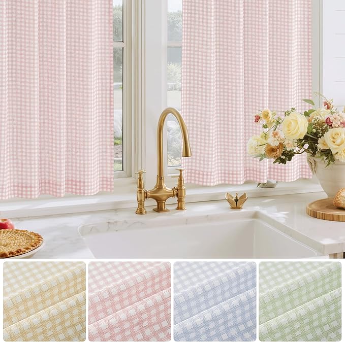 RYB HOME Checkered Kitchen Curtains 24 inch Length, Vintage Farmhouse Linen Cafe Plaid Curtains Gingham Small Window Treatment Valance for Living Room Bathroom, Pink, W26 x L24, 2 Panels