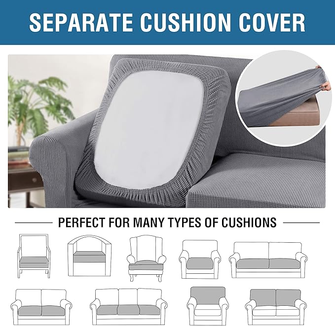 H.VERSAILTEX 3 Piece Stretch Sofa Covers for 2 Cushion Sofa Couch Covers for Living Room Furniture Cover (Base Cover Plus 2 Seat Cushion Covers) Thicker Jacquard Fabric(Large Sofa, Dove)