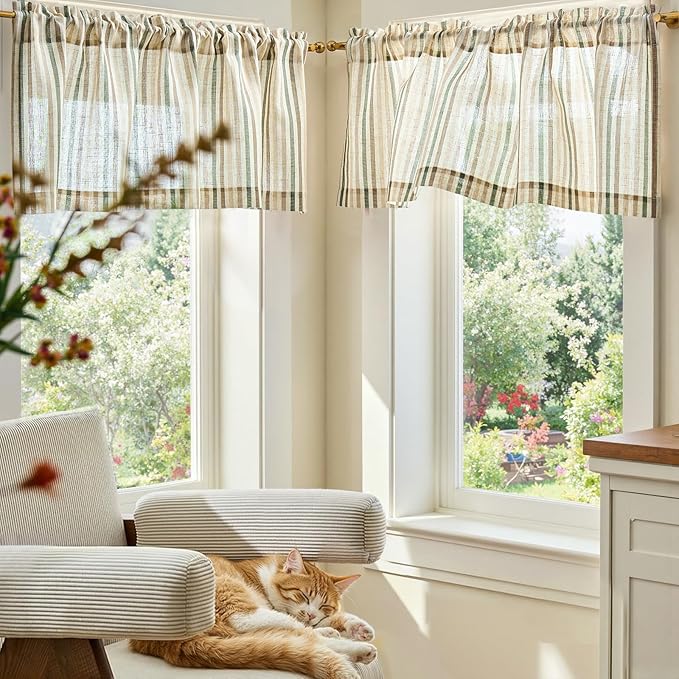 jinchan Valance Curtain Linen Textured Striped Window Curtain for Living Room Light Filtering Farmhouse Valance for Kitchen Rod Pocket 1 Panel 16 Inch Multi Green on Linen