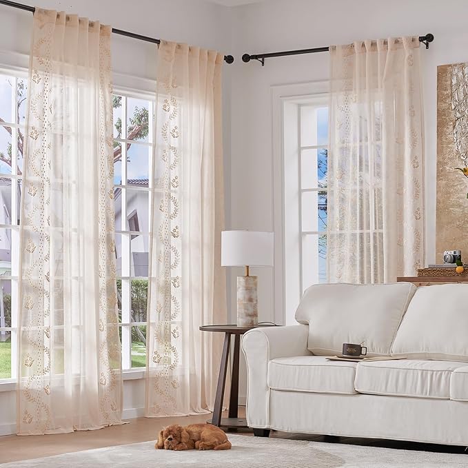 jinchan Belrose Linen Sheer Curtains for Living Room 96 Inch Length Sheer Voile Embroidered Floral Curtains for Bedroom Light Filtering Rod Pocket Window Treatments Farmhouse Decor 2 Panels Beige