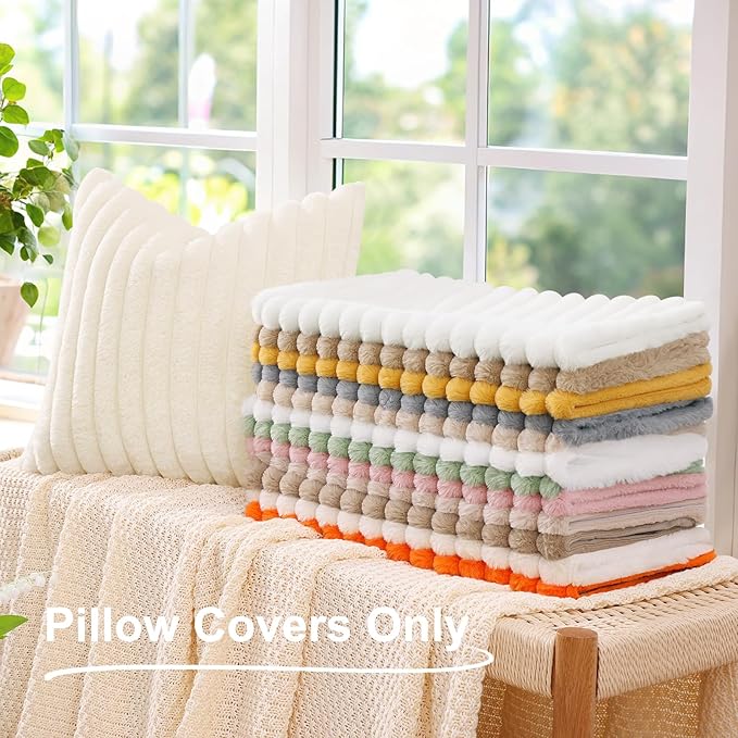 decorUhome Cozy Faux Fur Throw Pillow Covers 22x22 Set of 2 Decorative Soft Plush Striped Modern Farmhouse Boho Couch Euro Sham Pillow Cases with Velvet Back for Sofa Bed Living Room, Grey Blue