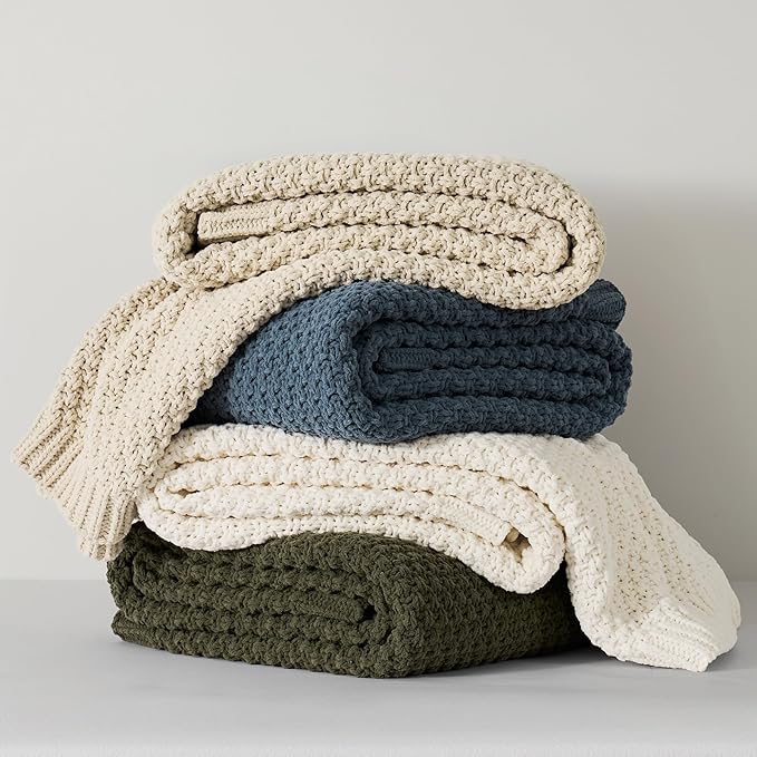 EVERGRACEHOME Chunky Chenille Knit Throw Blanket for Couch, Soft Luxurious Moss Stitch Chair Blankets for Bed, Cozy Decorative Farmhouse Knitted Throws for Sofa, Olive Green, 50" x 60"