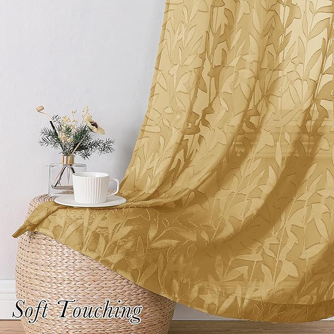 Lecloud Leia Dark Gold Sheer Curtains 96 Inches Long 2 Panels, Jacquard Leaf Textured Curtains for French Windows with Rod Pockets, Farmhouse Living Room Bedroom Window Treatments, 40 W x 96 L