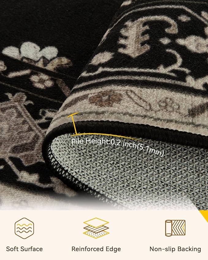 Area Rugs 7ft Washable Non-Slip, Floral Vintage Distress Print Pattern Medallion Carpet for Living Room Bedroom Dining Room, Black Brown Neutral Dark Tan