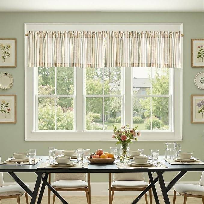 jinchan Valance Curtain Linen Textured Striped Window Curtain for Living Room Light Filtering Farmhouse Valance for Kitchen Rod Pocket 1 Panel 16 Inch Multi Green on Linen