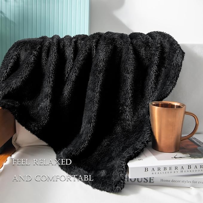 Exclusivo Mezcla Plush Fuzzy Fleece Bed Blanket Queen Size, Super Soft, Fluffy and Warm Blankets for Couch, Bed, All Season (Black, 90x90 inches)