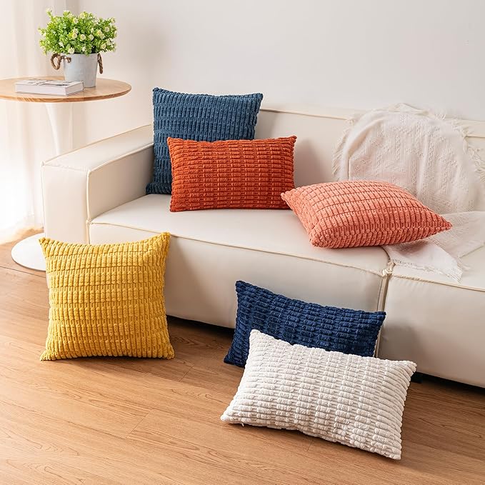 Pack of 2 Corduroy Decorative Throw Pillow Covers 16x16 Inch Soft Striped Pillow Covers Modern Farmhouse Home Decor for Sofa Living Room Couch Bed（Blue）