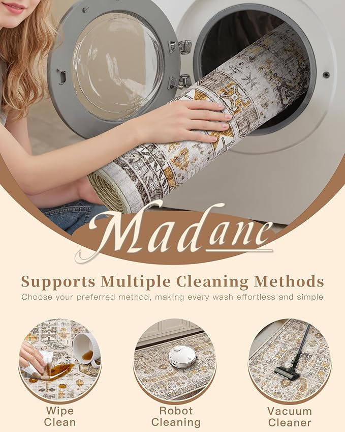 Madane Hallway Runner Rug 3x6 - Washable Kitchen Rugs Entryway Rug Runner Vintage Soft Floor Mat Non Slip Indoor Farmhouse Carpet for Bathroom Living Room Bedroom (3 X 6, Brown/Gold)