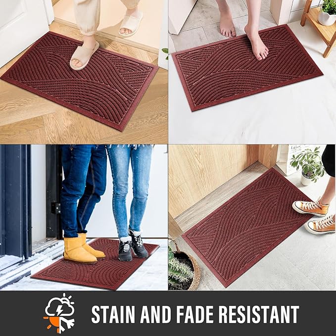 HIYARD Sturdy Front Door Mat, Absorbent Muddy Dirt Resist Welcome Door Mats Outdoor Indoor, Stain and Fade Resistant, Non-Slip Backing Entry Mat Low Profile Doormat for Entryway, 36×24, Red