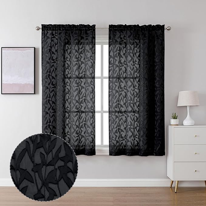 Lecloud Leia 2 Panels Sheer Black Curtains for Living Room 54 Inch Length, Light Reducing Jacquard Textured Leaf Voile Bedroom Curtain, Gauzy Clip Short Drapes with Dual Rod Pockets, 38x54 Inches