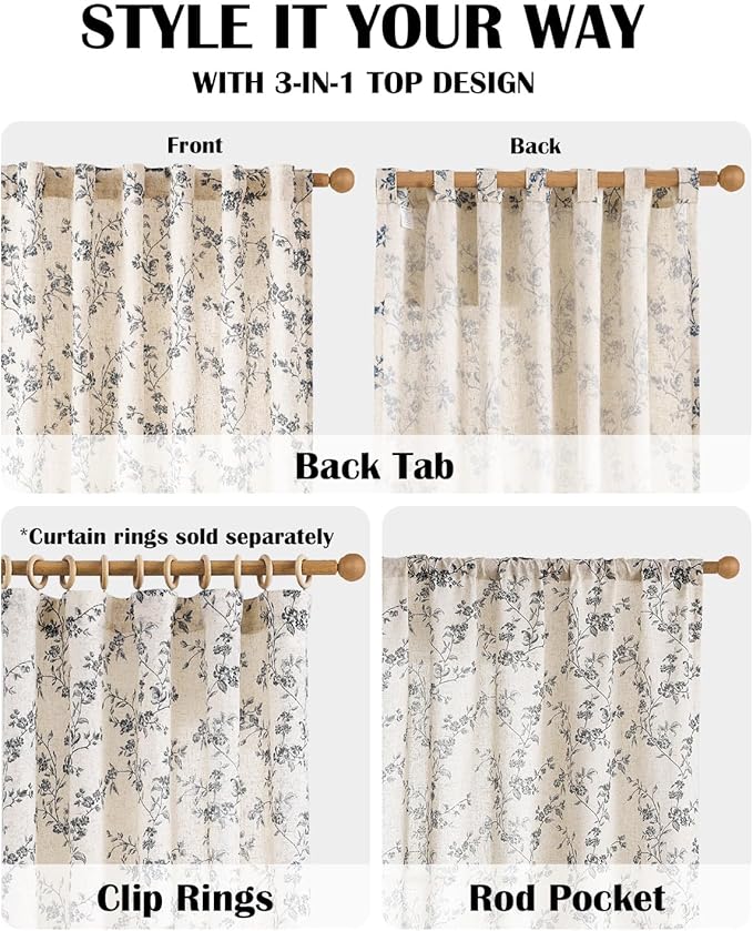 Lazzzy Black Floral Linen Curtains 63 Inch Farmhouse Back Tab Drapes for Living Room Bedroom Light Filtering Vintage Grandmillennial Rod Pocket Curtains, 2 Panels, W38 x L63, Black on Beige
