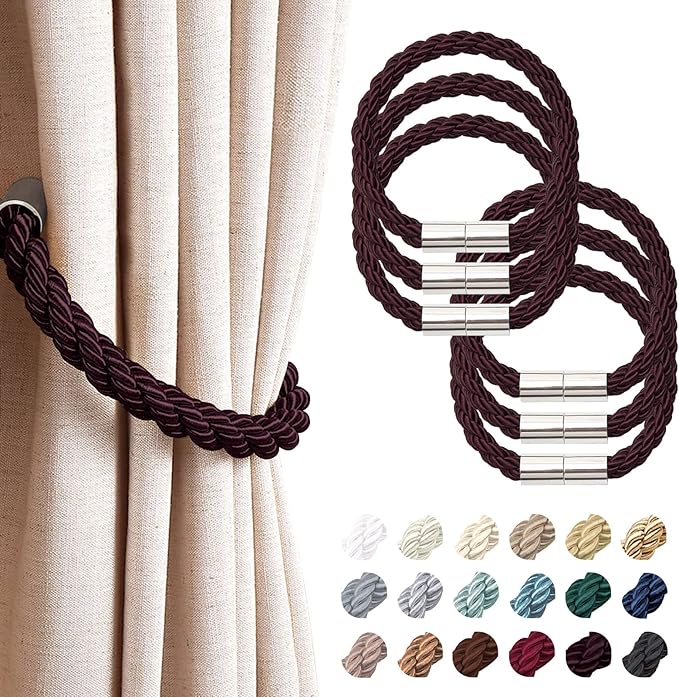 NICEEC 6 Pack Strong Magnetic Curtain Tiebacks Modern Simple Style Drape Tie Backs Convenient Decorative Weave Rope Curtain Holdbacks for Thin or Thick Home & Office Window Draperies (Deep Purple)
