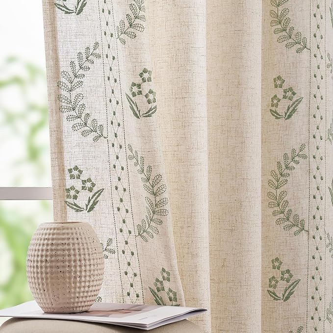 jinchan Belrose Linen Curtains for Bedroom Floral Curtains 108 Inch Length Linen Blend Sage Green Embroidered Drapes Farmhouse Flower Patterned Drapes for Living Room Window Treatments Set 2 Panels