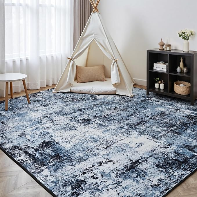 Rugflix 6x9 Area Rugs for Living Room, Washable Large Rug Stain-Resistant Low Pile, Modern Dark Carpet for Dining Room Home Office Kid Room Nursery Bedroom, Navy Blue/Black