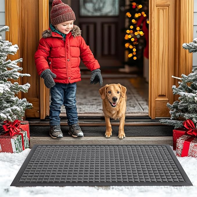Smiry Front Door Mat Outside Entrance, Heavy Duty Natural Rubber Doormat, Non Slip, Trap Dirt and Moisture, Easy Clean, Low Profile Welcome Floor Mats for Indoor Outdoor Entry, 47x32 Inch, Grey