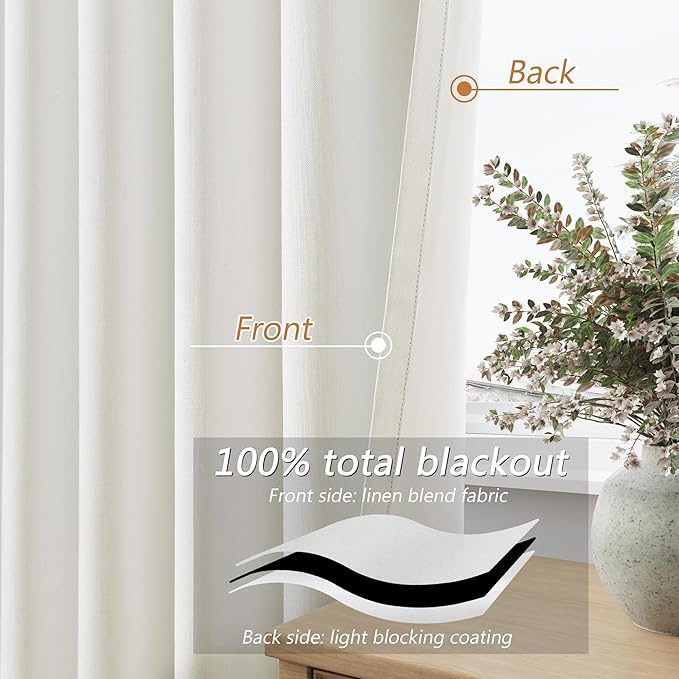 Guken Ivory 100% Blackout Curtains 132 Inch Length 2 Panels Set for Living Room Bedroom Back Tab Thermal Insulated Black Out Linen Drapes Room Darkening Window Curtains