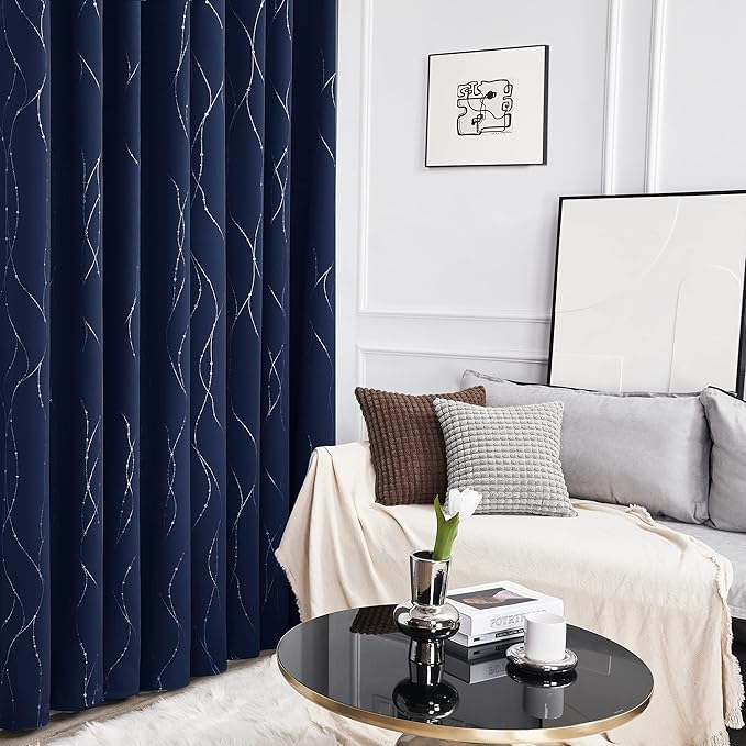 Deconovo Navy Blue Curtains, Blackout Curtain for Bedroom, 38 x 84 Inch, Thermal Insulated Soundproof Privacy Drapes with Silver Wave Dots Pattern, Grommet Top, Machine Washable Panel for Living Room