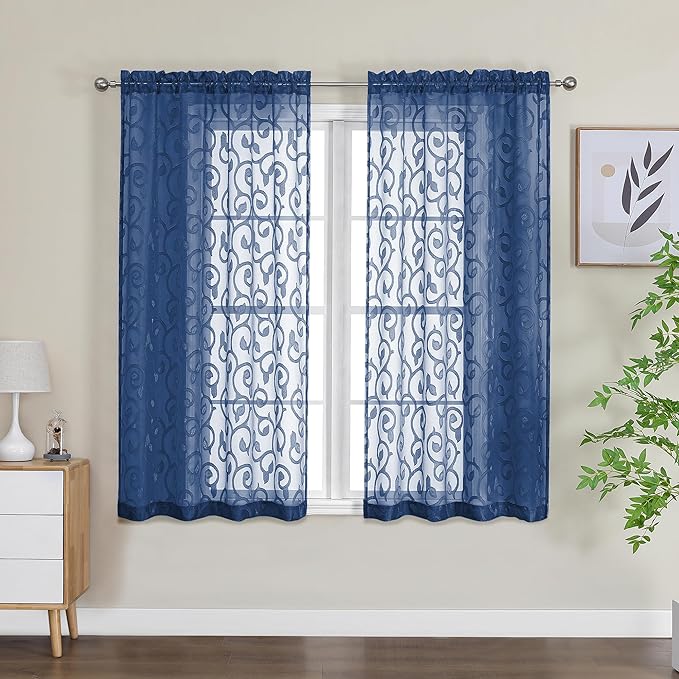 OWENIE Furman Blue Sheer Curtains 54 Inch Length 2 Panels Set for Living Room Bedroom Bathroom Window, Airy Jacquard Clip Short Curtains for Small Window, 2 Pcs Each 40Wx54L inch