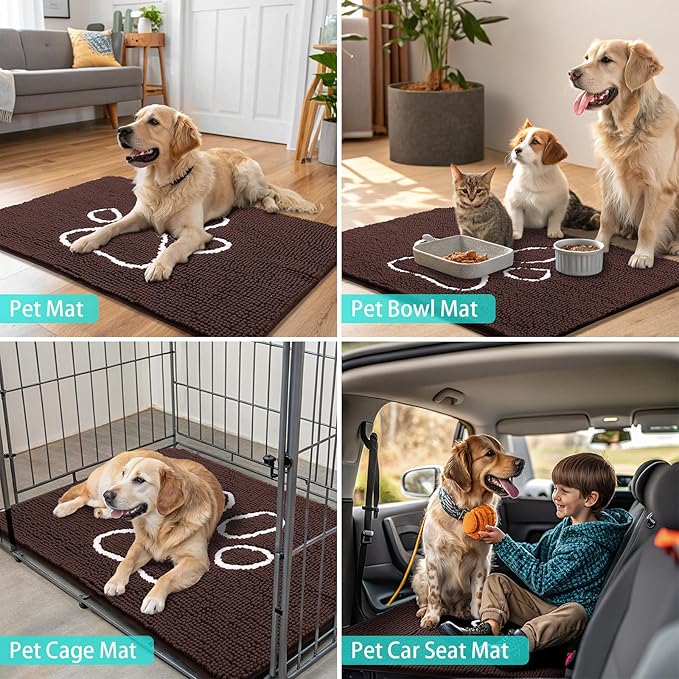Smiry Dog Door Mat for Muddy Paws, Absorbent Dirt Trapper Non Slip Quick Dry Washable Chenille Mat for Mud Dogs, Entry Rug for Indoor and Outdoor (24x16 Inches, Brown and White)