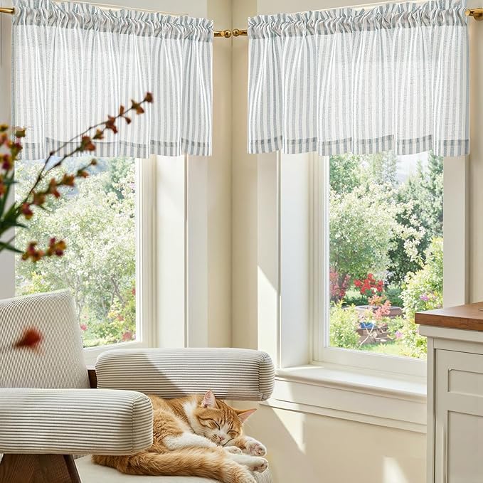 jinchan Linen Stripe Valance for Window 16 Inch Modern Rustic Farmhouse Valance for Kitchen Living Room Bathroom Window Treatment Light Filtering Rod Pocket 1 Panel Aqua Blue on Linen