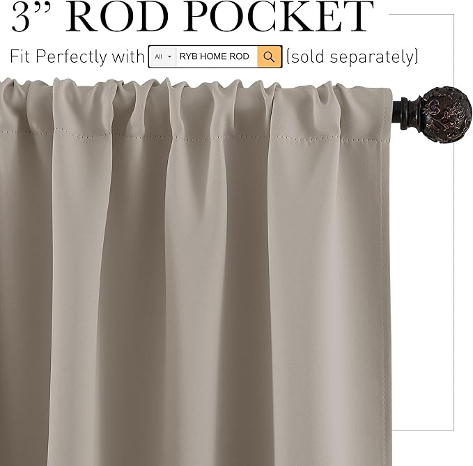 RYB HOME Blackout French Door Window Curtain Covering, Rod Pocket Thermal Insulated Privacy Non See Through Drapes for Bathroom Window, Width 29 by Length 45, Sand, 2 Panels