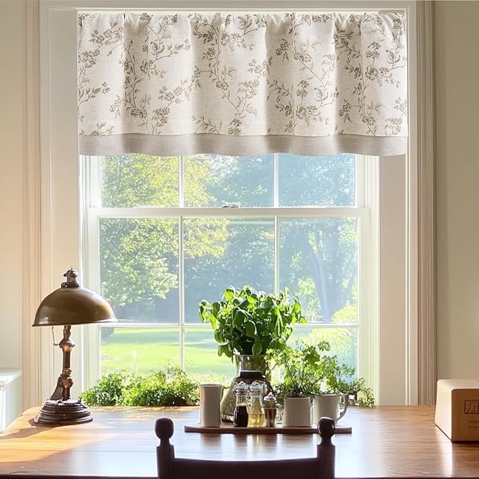 jinchan Linen Kitchen Valance for Windows 16 Inch Floral Double Layer Valance Living Room Laundry Room Darkening Rustic Cottagecore Farmhouse Flower Window Treatment 1 Panel Taupe on Linen