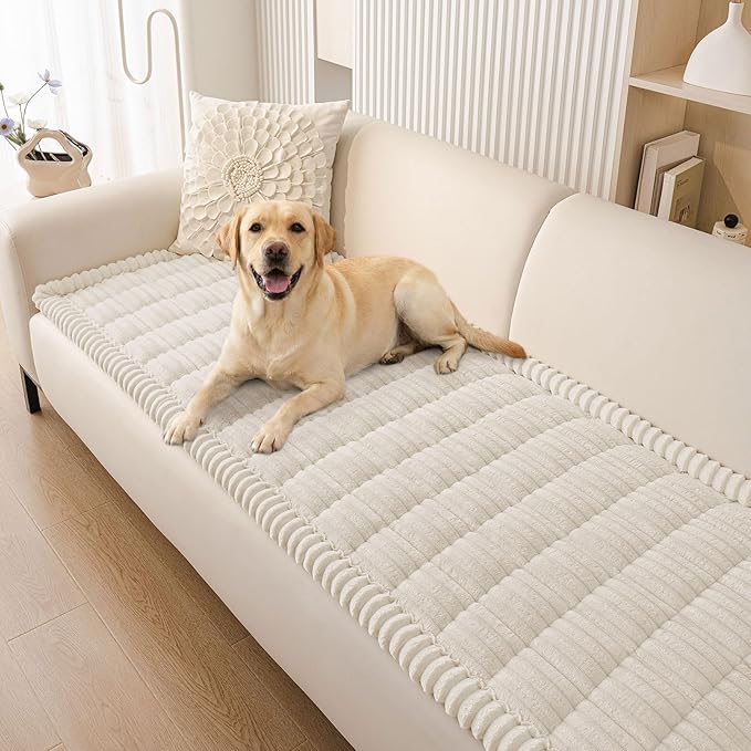 Smiry Couch Cover for Dogs Washable, Non Slip Fuzzy Pet Couch Covers for 3 Cushion Sofa Pet Friendly, Thick Soft Sofa Slipcovers Cushion Protector (White, 27.6" x 27.6")