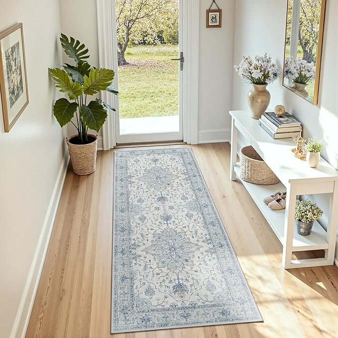 Area Rugs 2'6''x8' Runner Rug Non Slip Washable for Kitchen Hallway Bedroom Beside Laundry Room Bathroom Rug, Floor Carpet, Light Blue Navy Beige Gray White