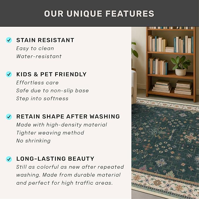 Hazo Haus Vintage Dark Green 7x9 Dining Room Rugs for Under Kitchen Table - Washable Livinig Room Rug - Unique Floral Pastel Low Pile Non-Slip Area Rugs for Bedroom