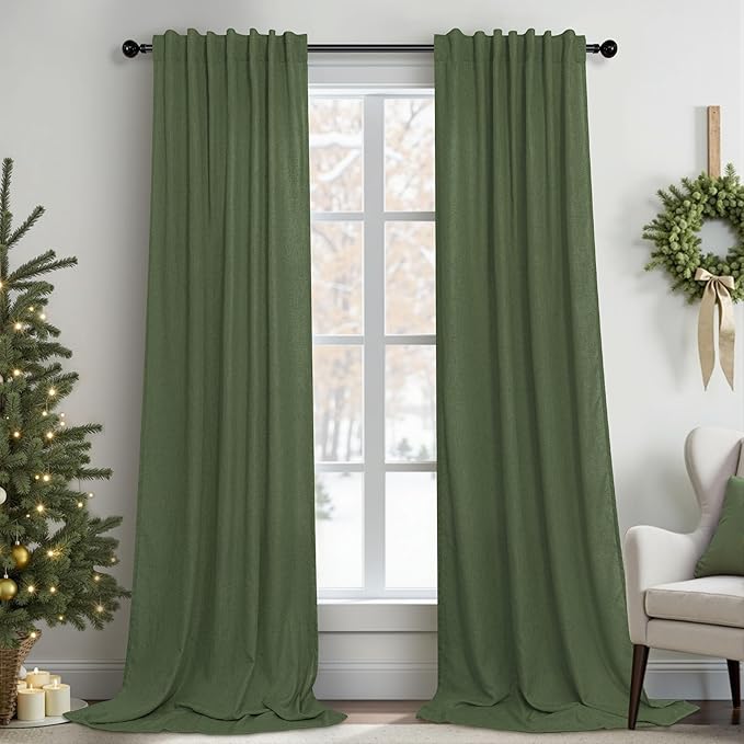 Pitalk Olive Green Curtains 96 Inches 8 FT Long for Living Room 2 Panels Back Tab Pocket Drape Thick Sheer Linen Cotton Modern Rustic Trendy Earthy Army Moss Green Curtain for Bedroom Farm House Decor