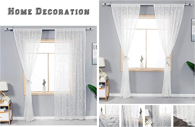 AmHoo 2 Panels Embroidered Leaf Pattern Semi Sheer Curtains Foliage Floral Voile Window Draperies Treatment for Bedroom Living Room Rod Pocket White 53 x 63 Inch