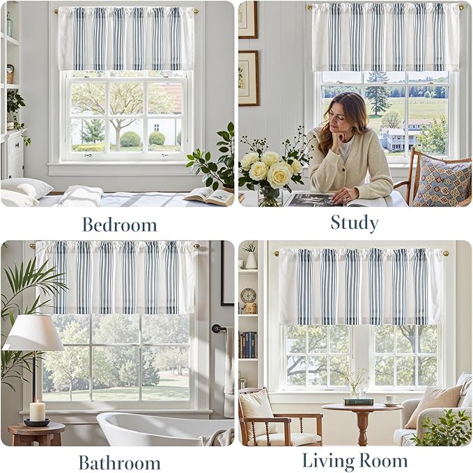 jinchan Striped Linen Valance Curtain 16 Inch Vertical Striped Valance for Kitchen Bathroom Light Filtering Rod Pocket Cottagecore Farmhouse Semi Sheer Short Window Curtain 1 Panel Blue