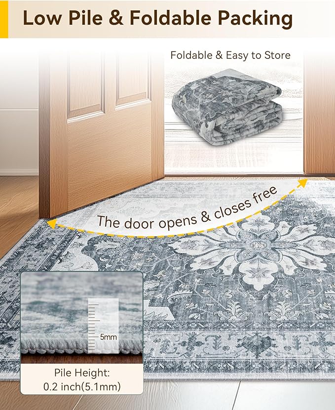 Area Rugs 2'x6' Runner Rug Non Slip Washable for Kitchen Hallway Bedroom Beside Laundry Room Bathroom Rug, Floor Carpet, Light Gray Grey White