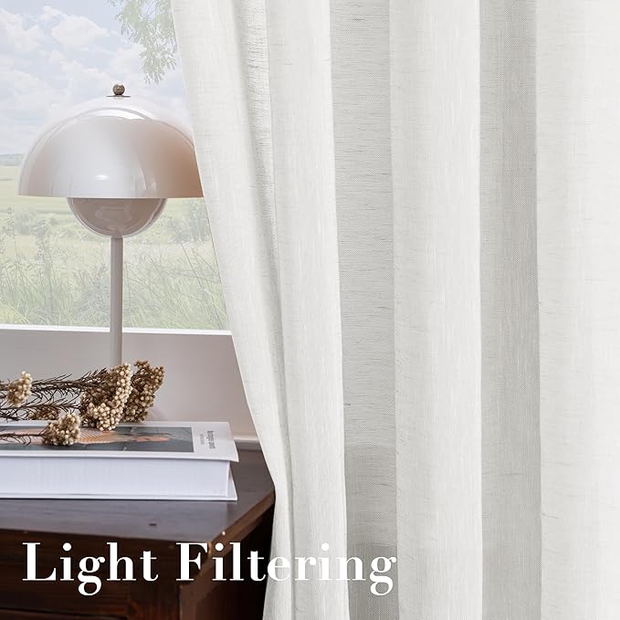 H.VERSAILTEX Linen Curtains Nickel Grommet Natural Linen Semi-Sheer Curtains 2 Panels Privacy Added Premium Soft Rich Material Drapes for Bedroom/Living Room - 37x84 Inch- White