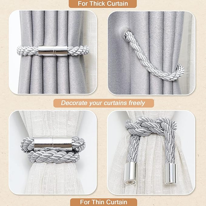NICEEC 4 Pack Strong Magnetic Curtain Tiebacks Modern Simple Style Drape Tie Backs Convenient Decorative Weave Rope Curtain Holdbacks for Thin or Thick Home & Office Window Draperies (Light Grey)