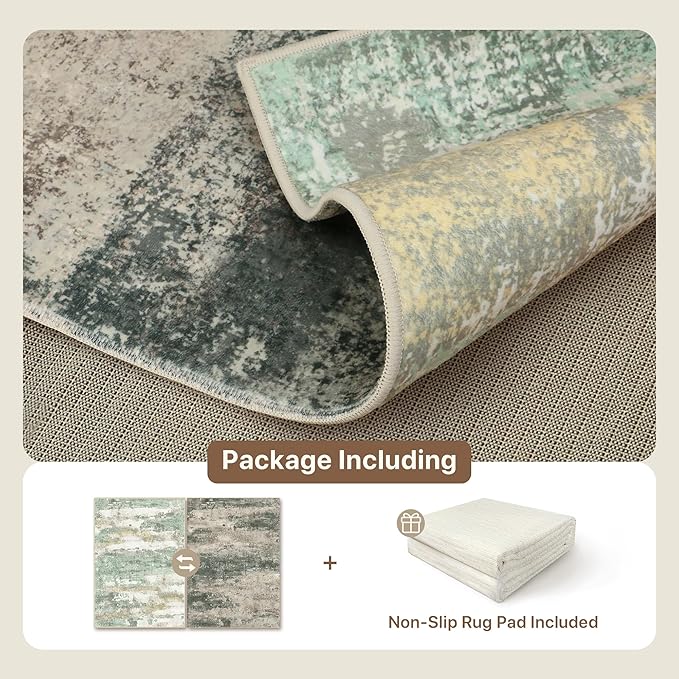 BEIMO Reversible 6x9 Area Rugs for Living Room, Modern Abstract Dual-Sided Carpet, Machine Washable Soft Low Pile Rug for Bedroom Dining Room, Includes Non-Slip Rug Pad, Green & Grey