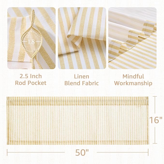 jinchan Linen Stripe Valance for Window 16 Inch Modern Rustic Farmhouse Valance for Kitchen Living Room Bathroom Window Treatment Light Filtering Rod Pocket 1 Panel Mustard Yellow on Linen