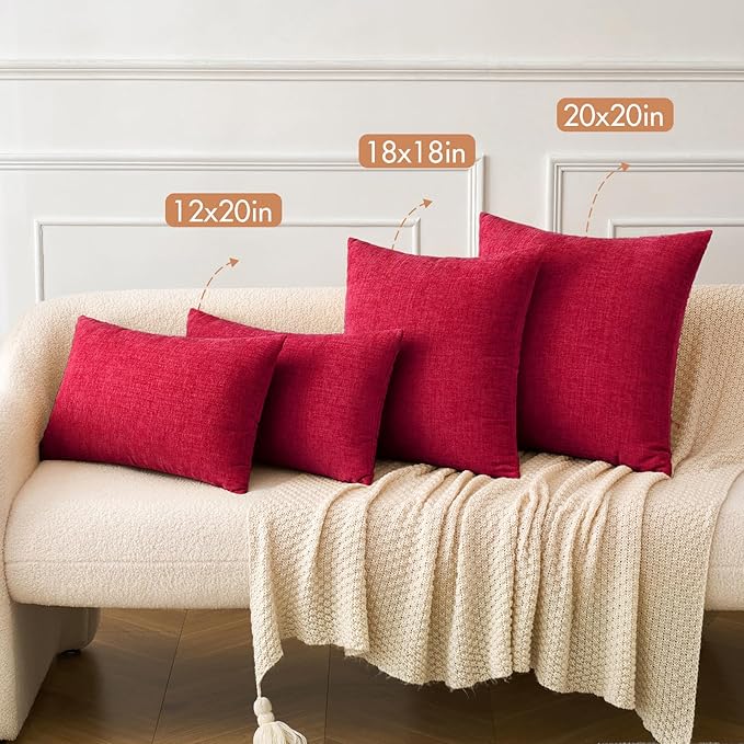 MIULEE Pack of 2 Red Couch Throw Pillow Covers 12x20 Inch Soft Chenille Lumbar Pillow Covers for Sofa Living Room Solid Dyed Cases