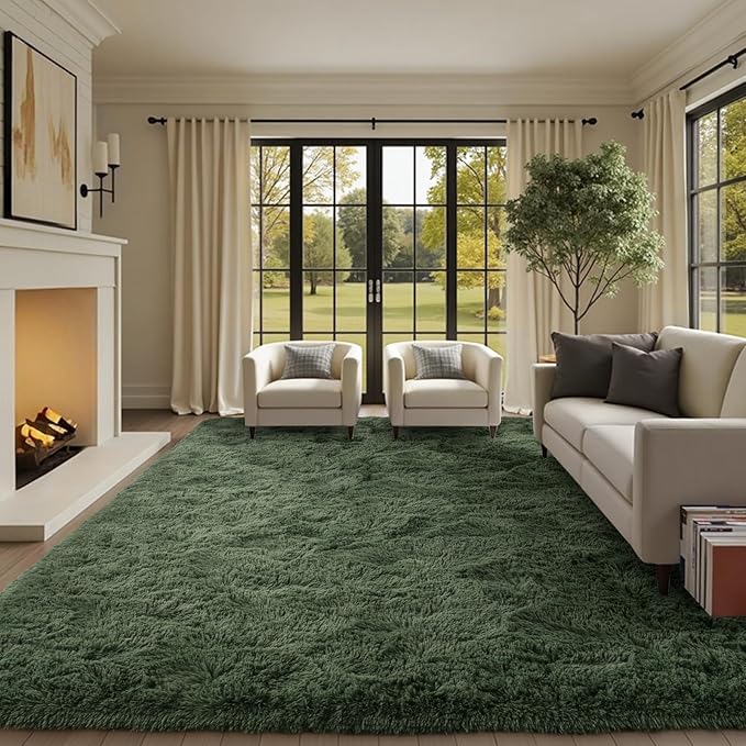 8x10 Ft Extra Large Shag Green Area Rug for Living Room, Ultra Soft Fluffy Furry Rugs for Bedroom Classroom Indoor Floor, Aesthetic Carpet for Kids Home Decor