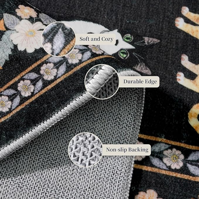 2x10 Washable Hallway Runner Rug - Soft Low Pile Floral Animal Cat Print Rugs with Non-Slip Backing Waterproof Stain-Resistant Indoor Carpet for Kitchen Entryway Bathroom Bedroom (Black)