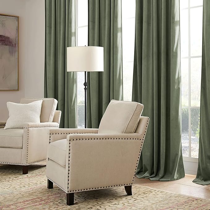 RYB HOME Sage Green Velvet Curtains 108 inch, Room Darkening Super Soft Velvet Drapes for Living Room Thermal Insulated Pleat Tapes Window Treatment for Bedroom Playroom, W52 x L108 inch, 2 Panels