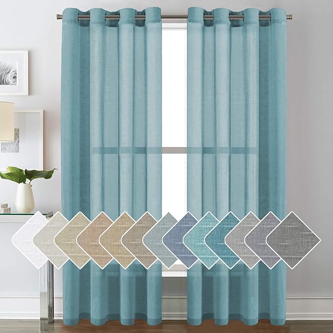 H.VERSAILTEX Linen Curtains Natural Linen Semi-Sheer Curtains Nickel Grommet Privacy Added Premium Soft Rich Material Linen Curtain Panels for Bedroom - 52x84 Inch - Turquoise